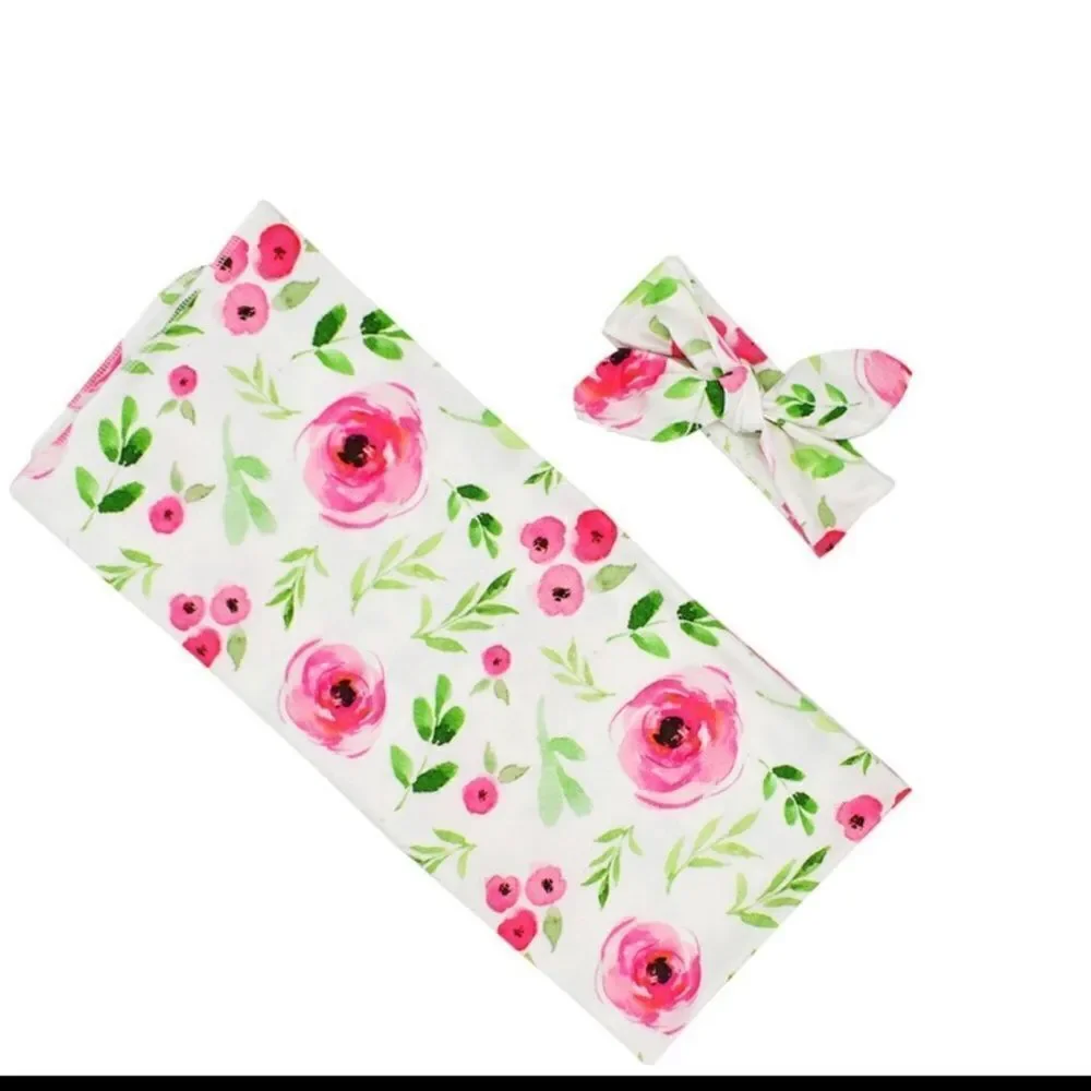 NEW Lightweight Baby Swaddle Receiving Blanket & Headband Set Stretch Jersey